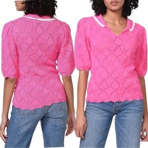 Greylin Delia Pointelle Knit Top Pink Crochet Scalloped Pullover Women's Size XS